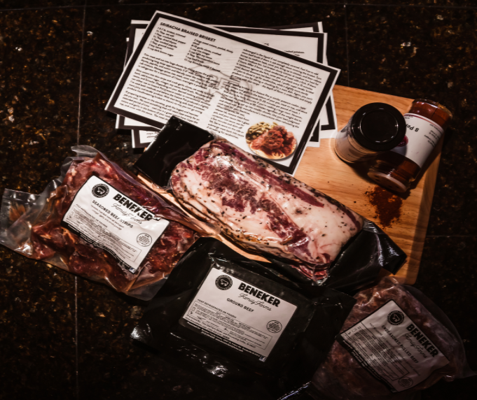 Beneker beef box with ground beef, spices, and steaks