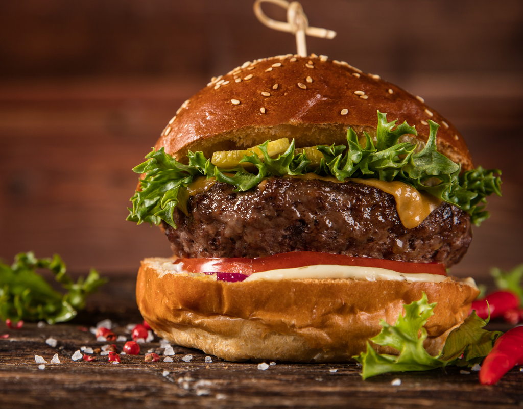 Hamburger on a rustic table